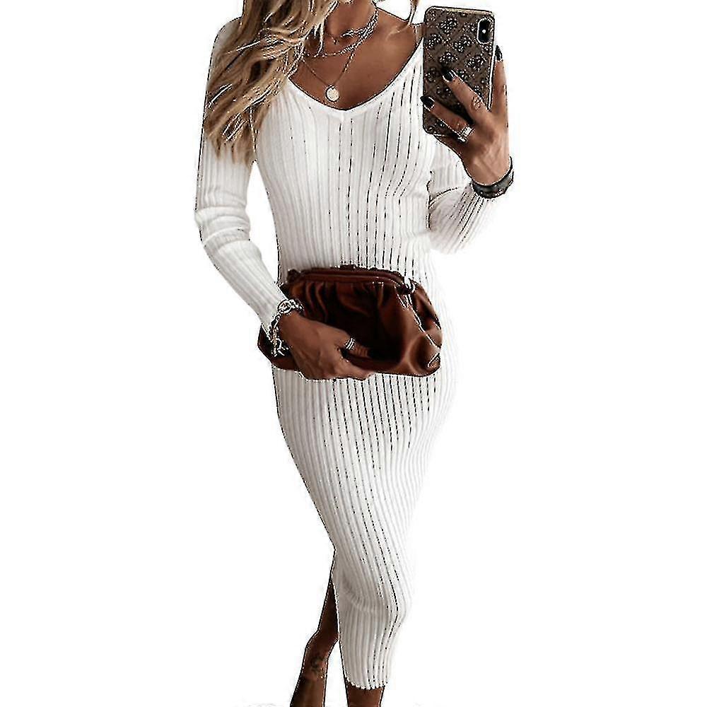 Kobiety Prążkowane Dzianinowy dekolt w serek z długim rękawem Bodycon Sweter Stretch Slim Fit Midi Sukienka