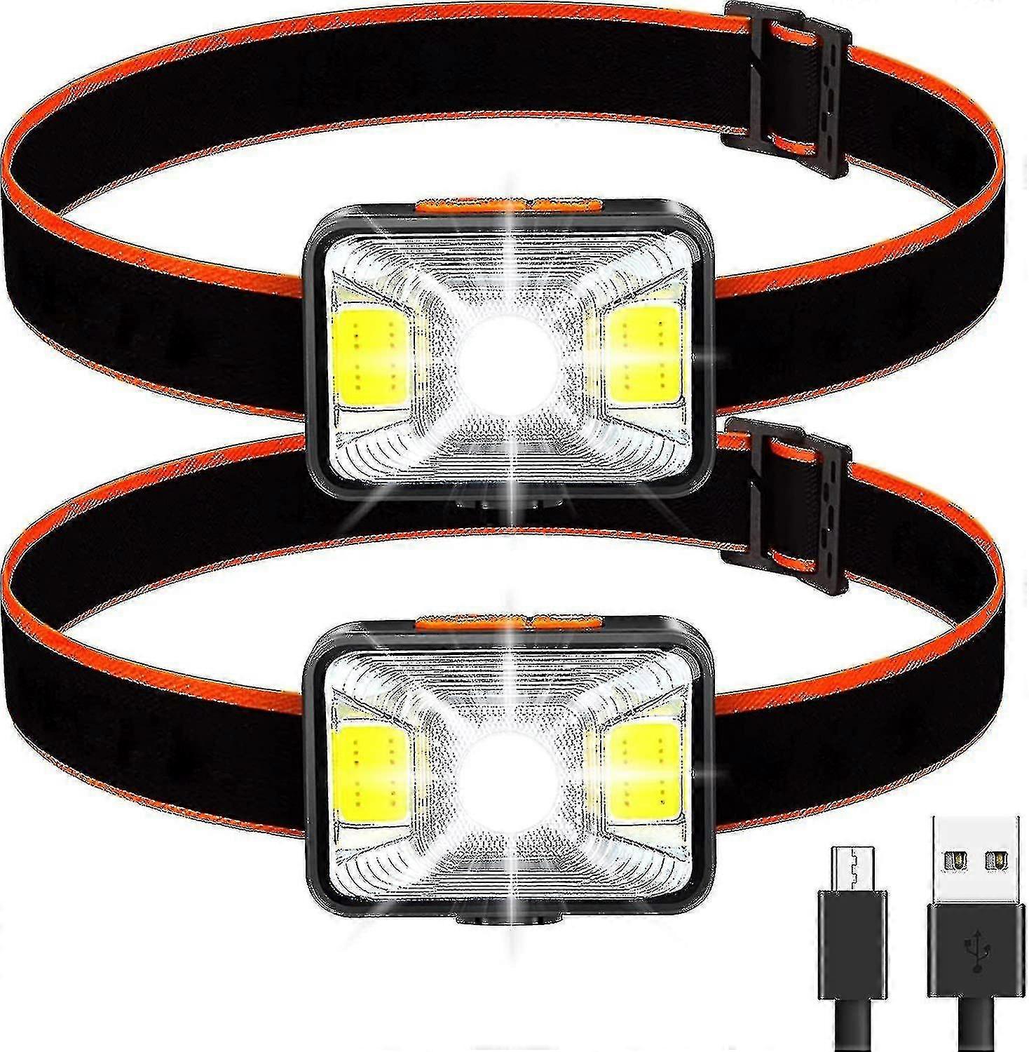 Powerful Headlamp (Pack of 2) - USB Rechargeable LED Head Torch with 5 Lighting Modes