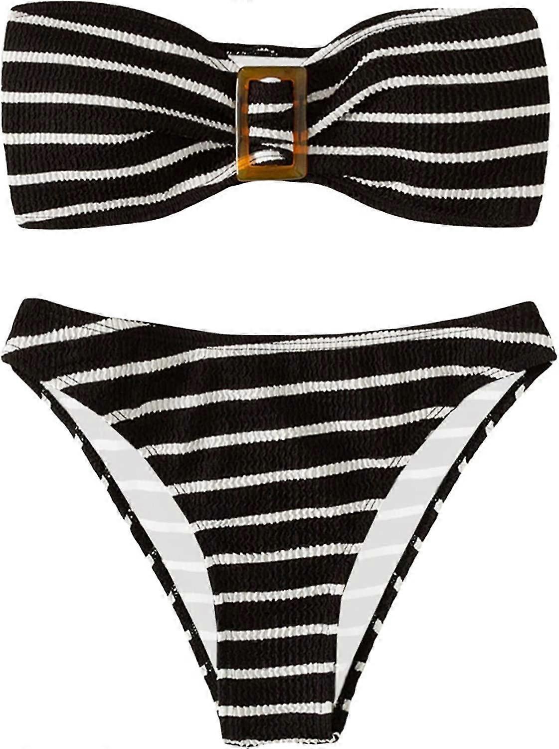 Women's 2 Piece Striped Swimsuit Strapless Bandeau High Waisted Thong Bikini Set