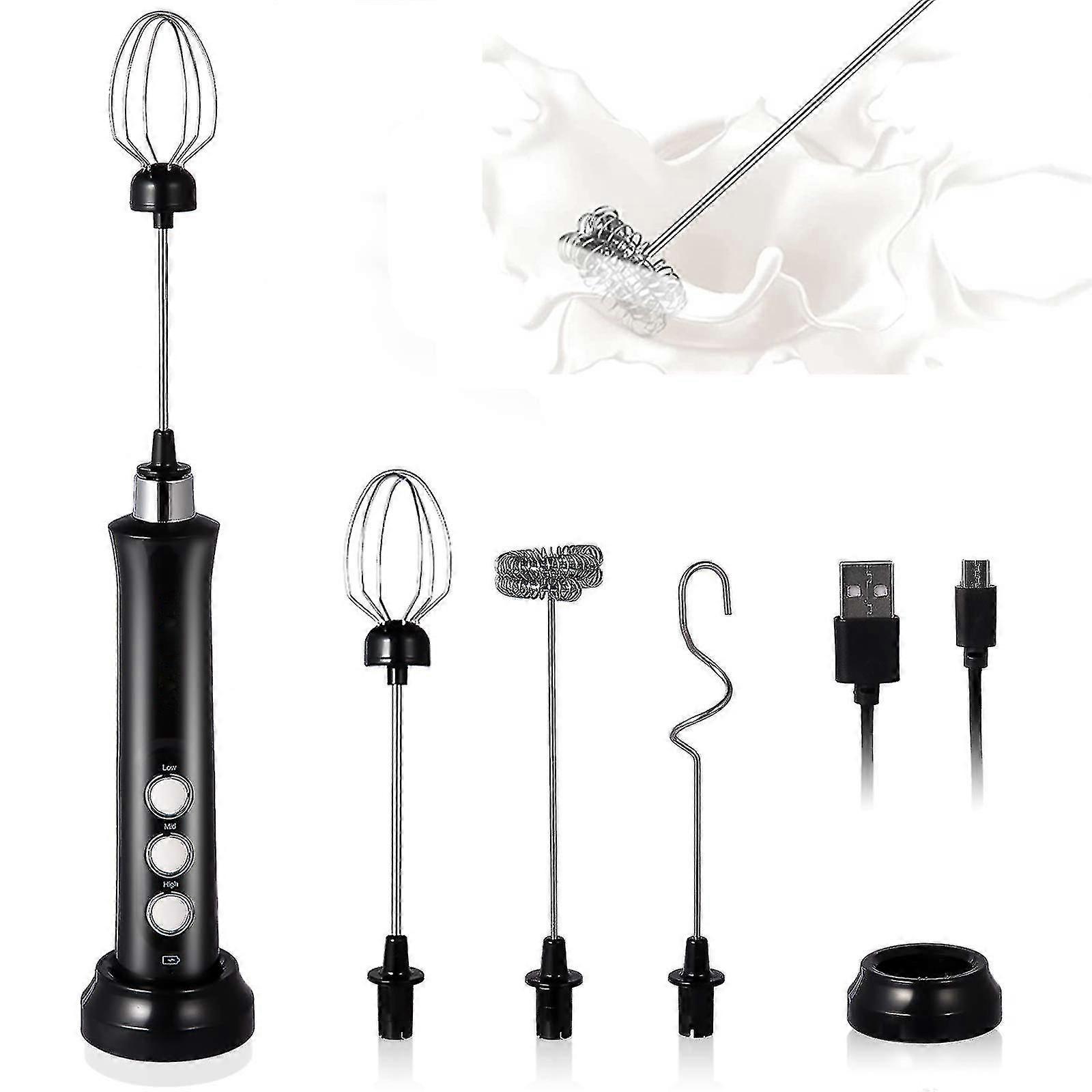 Milk Frother Handheld, 3-speed Usb Rechargeable Electric Whisk, Mini Foamer, With 3 Stainless Whisks Perfect For Bulletproof Coffee,lattes,cappuccino