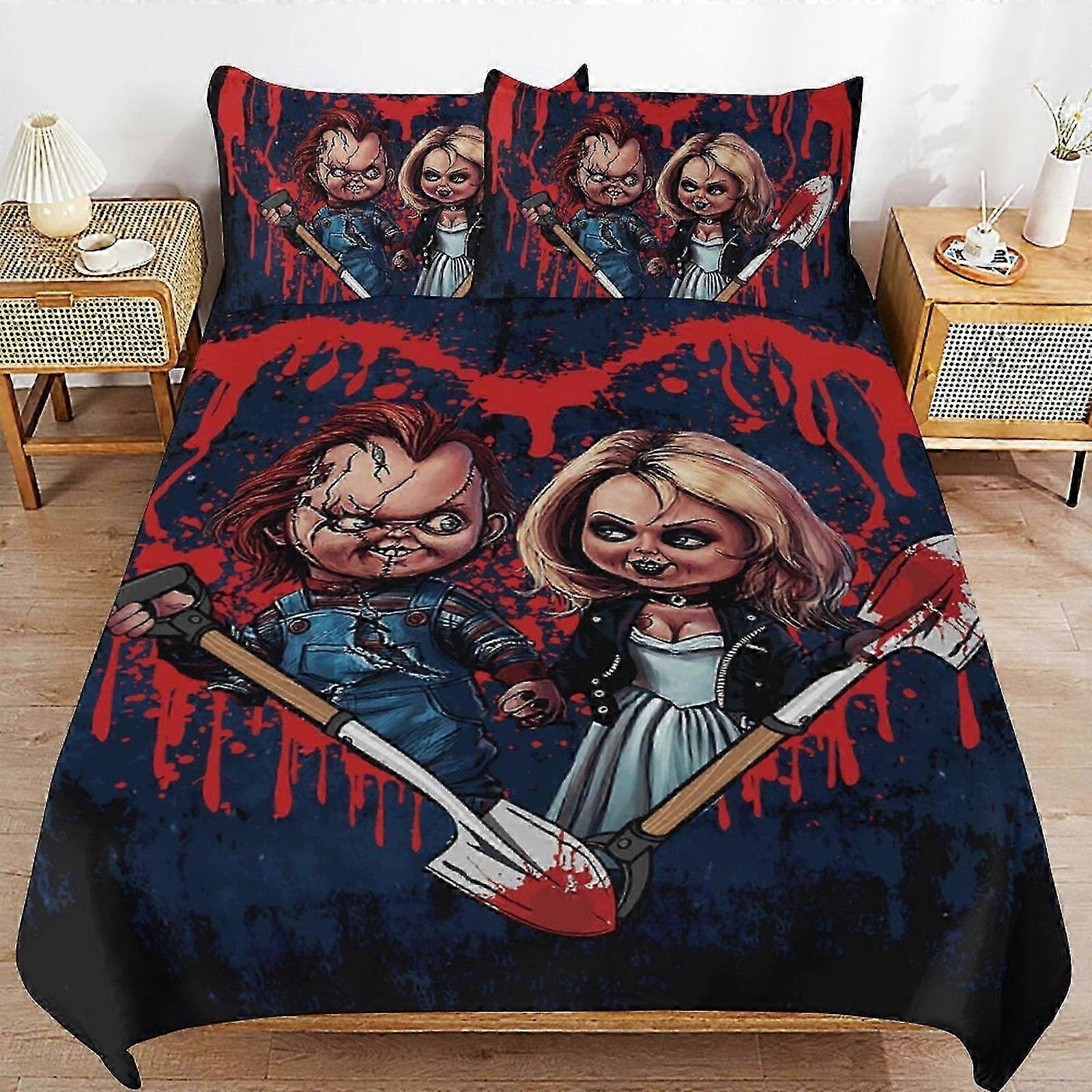 o277 Lakanat Chuckyn ja Tiffanyn morsian -vuodevaatteet Pussilakana Mukava ja kevyt sarjakuvavuodevaatteet3-osainen (1 pussilakana ja 2 tyynyliinaa)