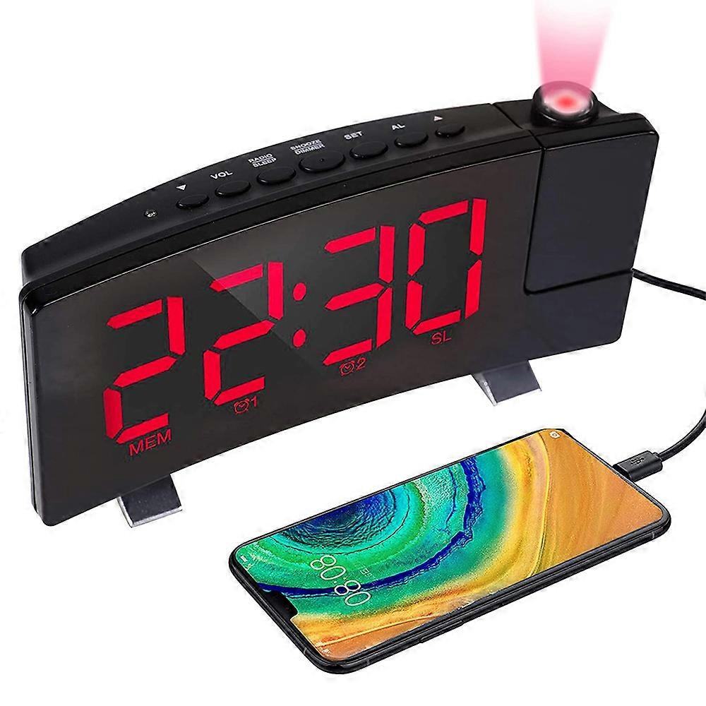 Digital Alarm Clock, Projection Alarm Clocks for Bedroom with 4 Dimmer, USB Phone Charger, 180 Rotable Projector-Body black+Red font