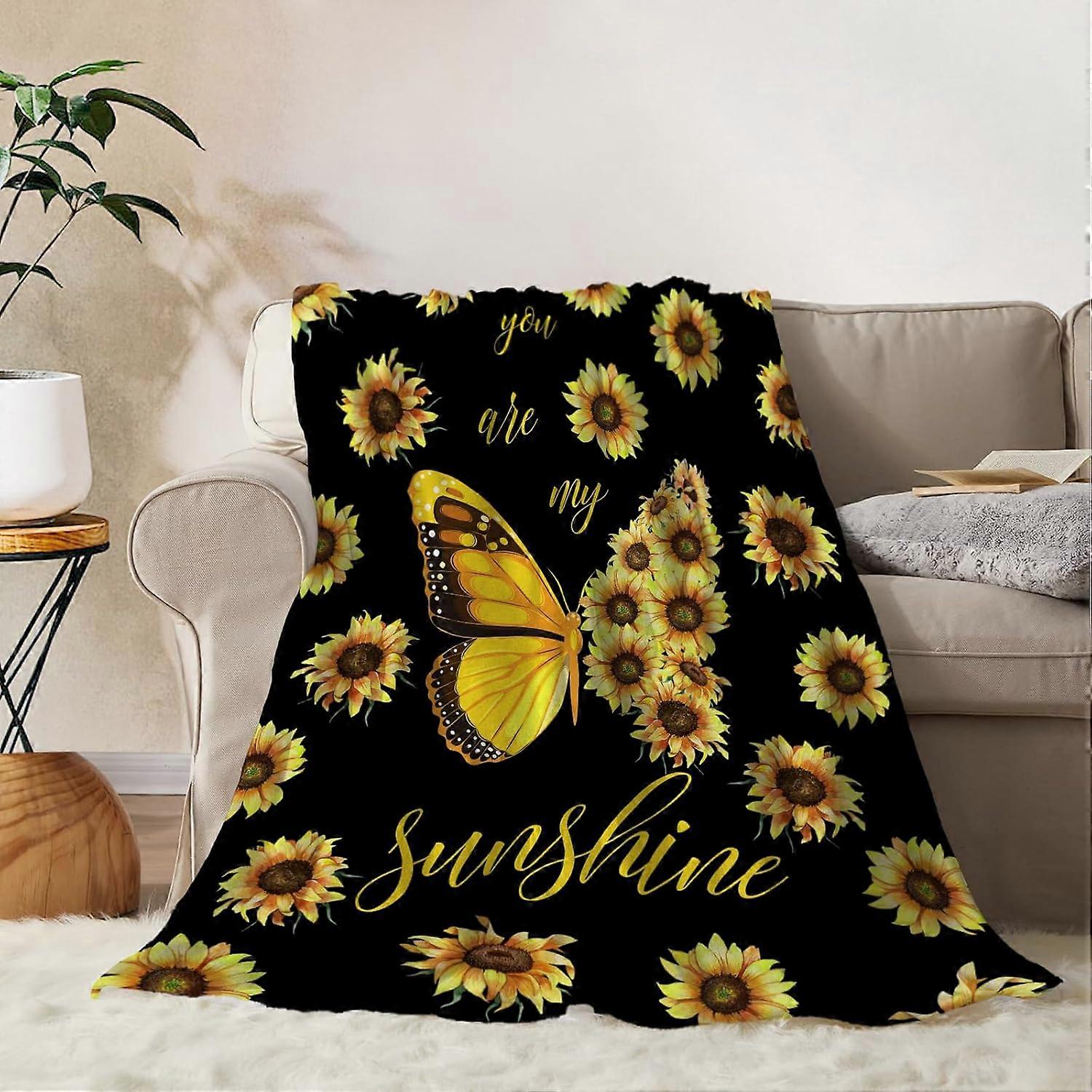 Sunflower Decorative Throw Blanket Twin Size Yellow Floral Butterfly Blanket for Couch Sofa Bed Soft Fuzzy Fleece Blankets and Throws Black Spring Sum
