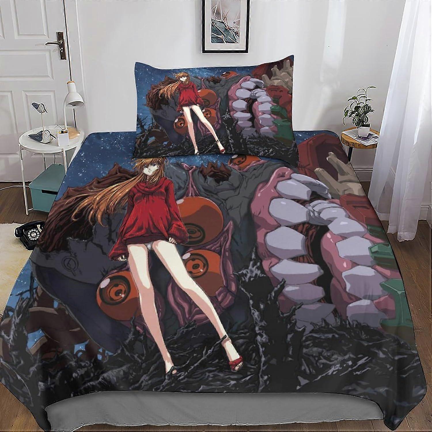 طقم مفروشات نيون جينيسيس إيفانجيليون - غطاء لحاف - طباعة ثلاثية الأبعاد - ستوكات مع غطاء وسادة - للأطفال / الأولاد والبنات مع إغلاق بسحاب 2 قطعة غناء