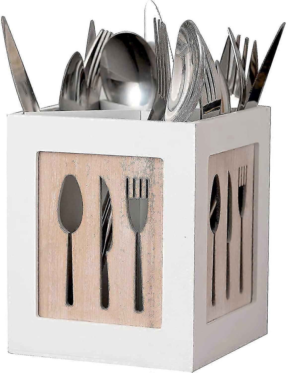 Utensil Holder,kitchen Flatware Caddy For Countertop With 4 Compartments Solid Wood Bamboo Organizer For Spoons Knives Forks Chopstis Natural Color