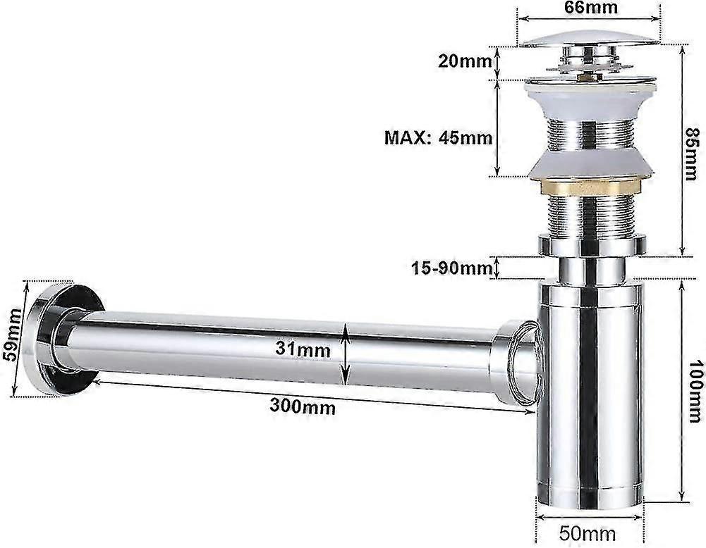 Siphon + Pop Up Waste Valve Without Overflow Universal Chrome Drainage Set