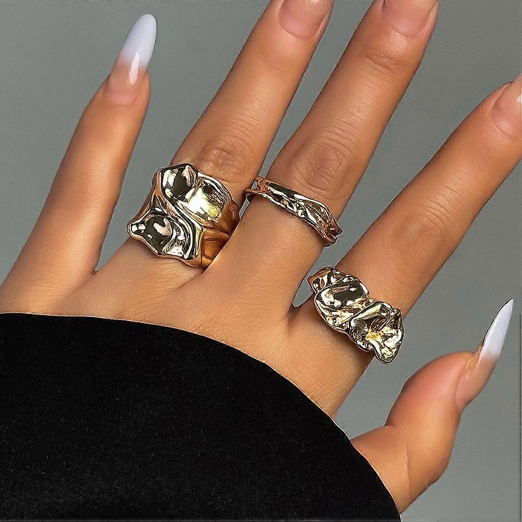 Set of 3 Irregular Geometric Gothic Rings for Women Gold Color Creative Simple Metal Jewelry Accessories for Wedding and Party