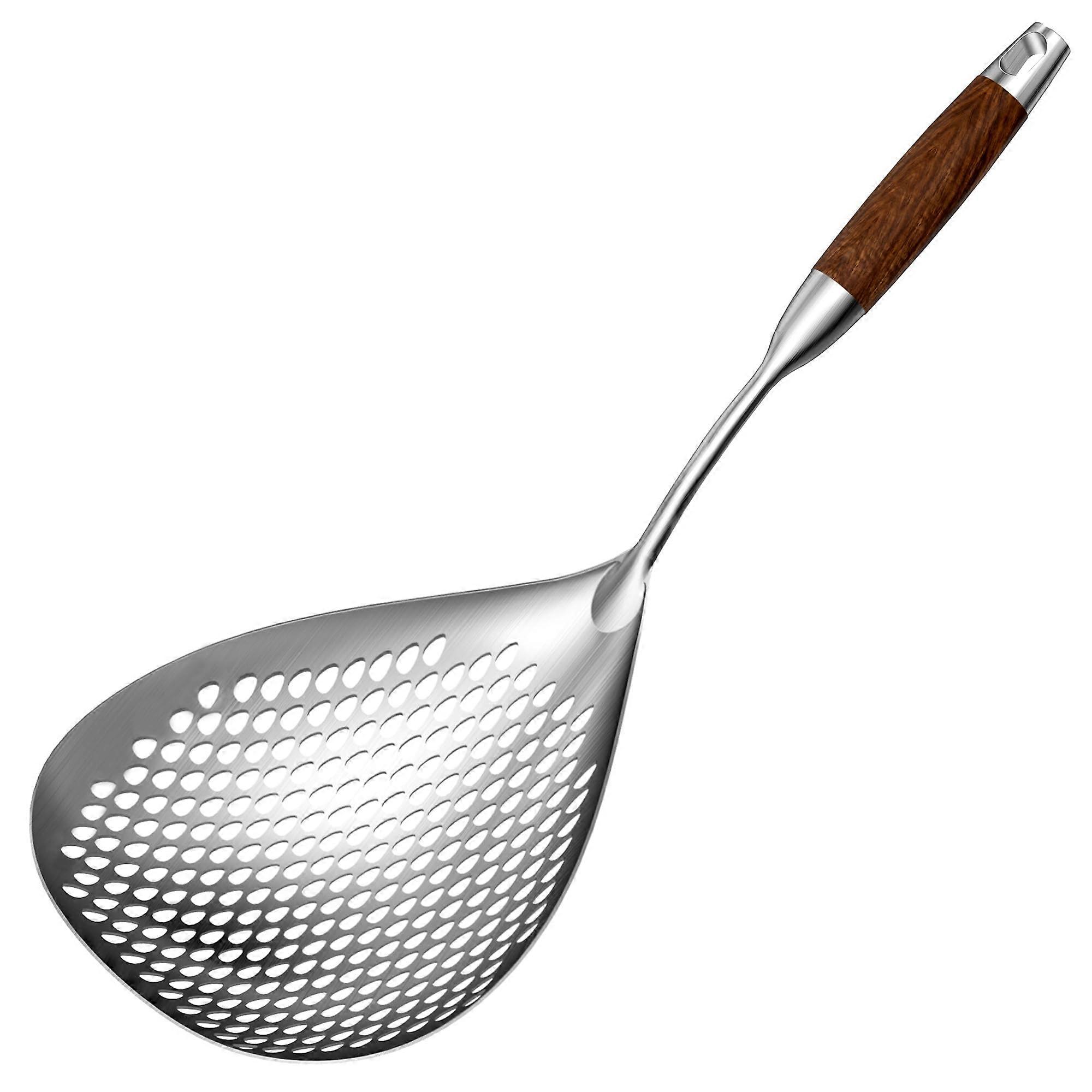 17-Inch Stainless Steel Skimmer Spoon with Pear Wood Handle for Deep Frying, Cooking Pasta, and Straining Foods