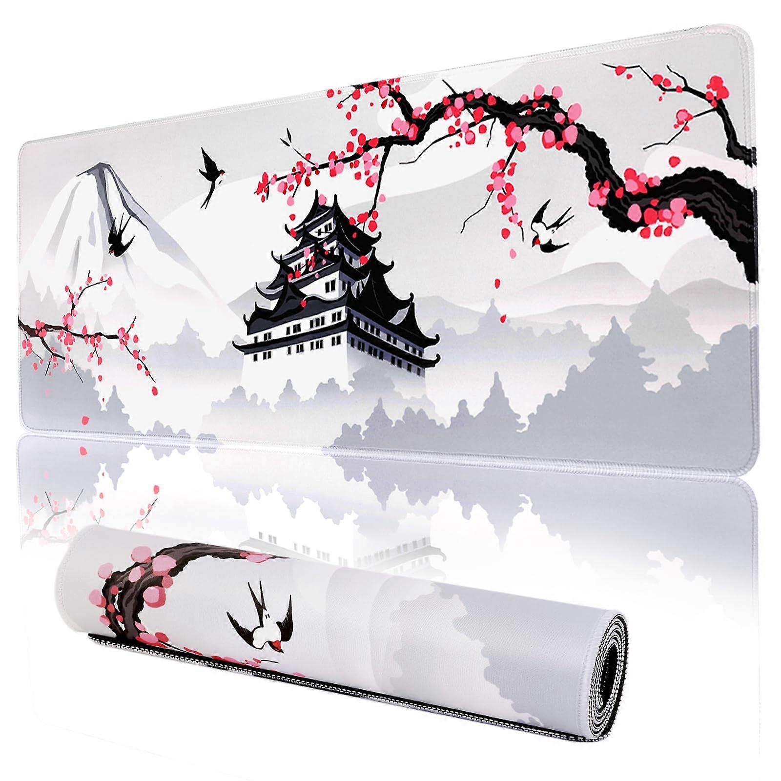 Japanese Cherry Blossom Mouse Pad Large Non-Slip Gaming Desk Mat 31.5x11.8 Inches Pink for Office and Gaming Use