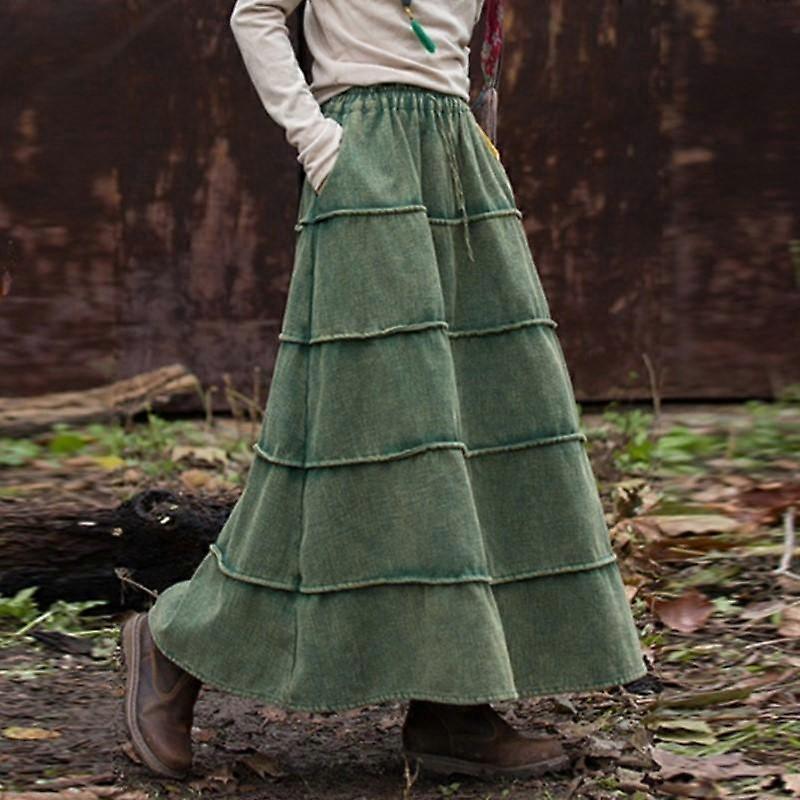 Johnature Mulheres Plush A-Line Saias Vintage Cintura Elástica Rami Algodão Macio Tecidos Quentes Inverno Patchwork Saias Femininas