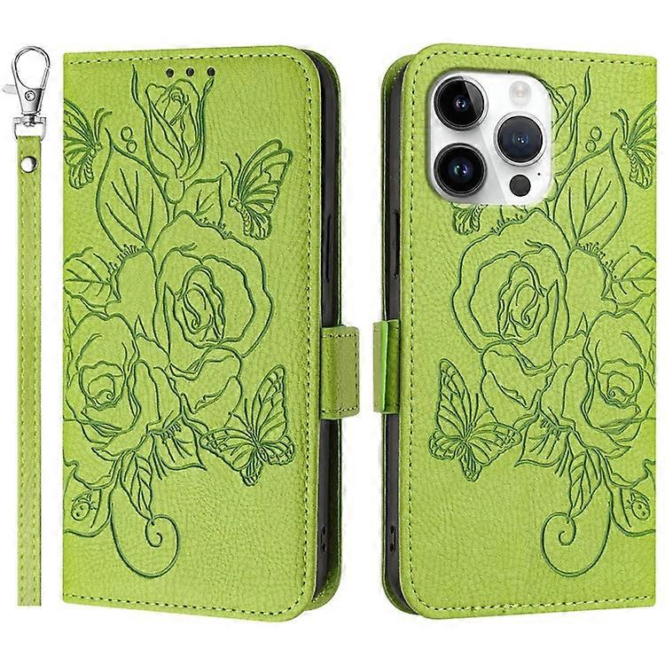 Compatible For iPhone 16 Pro Case Rose Imprinted RFID Blocking Leather Phone Cover with Strap