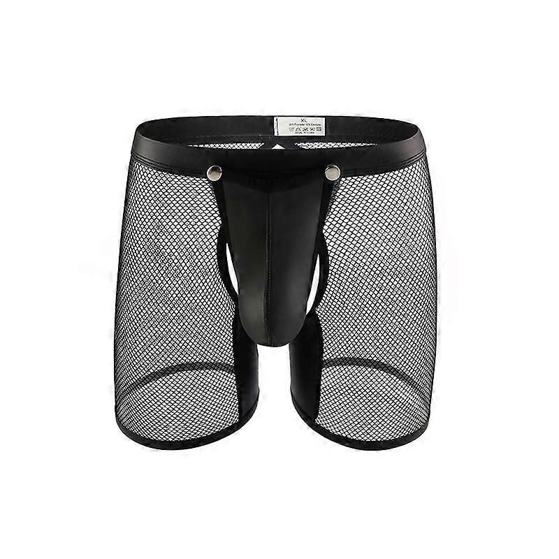 Mesh Lingerie Men Underwear Boxers Shorts PU Leather Open Pouch Transparent Long Leg Open Butt Box