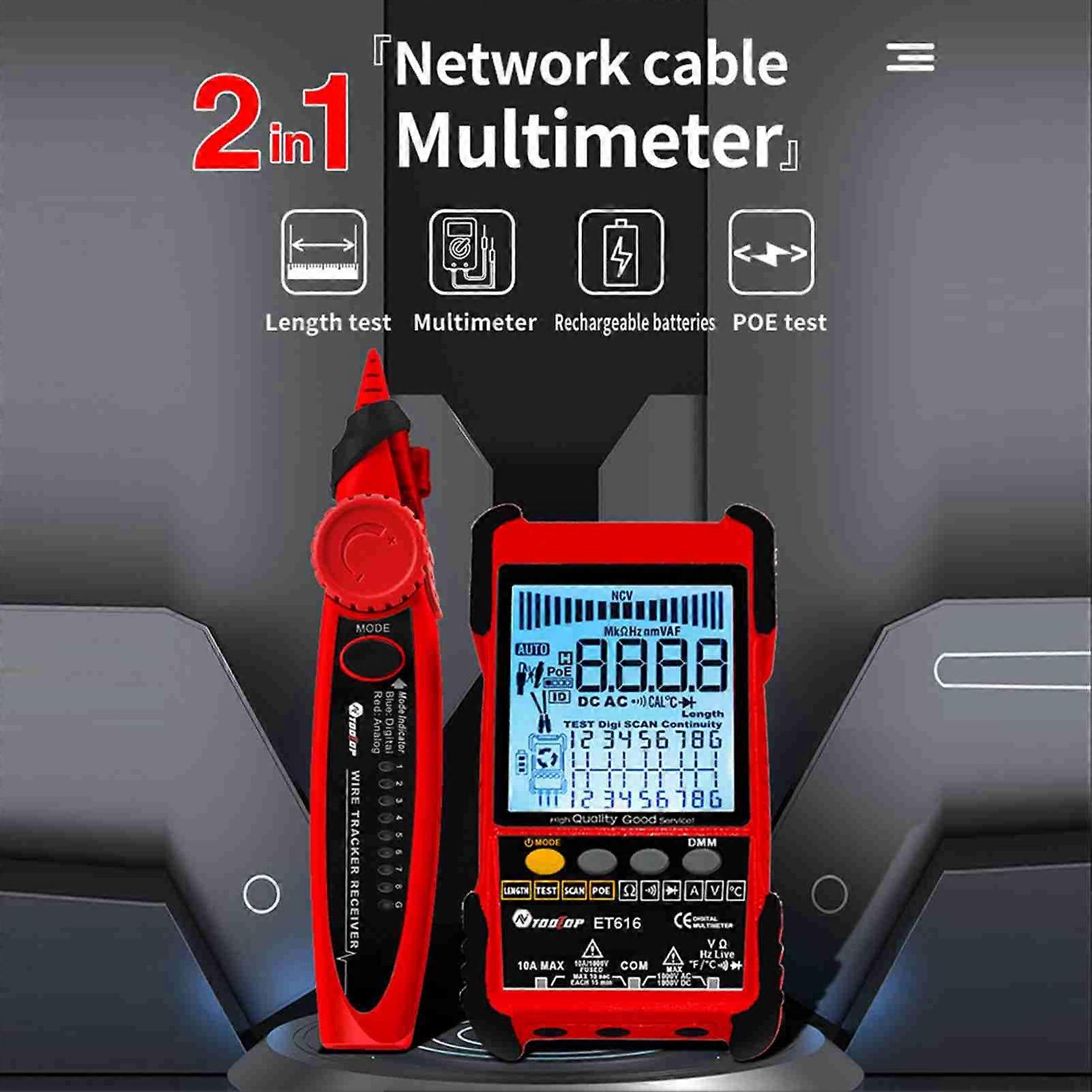 TOOLTOP ET616 Tester portatile per cavi con display LCD Ricerca digitale analogica Test POE Accoppiamento cavi Sensibilità Lunghezza cavo di rete regolabile