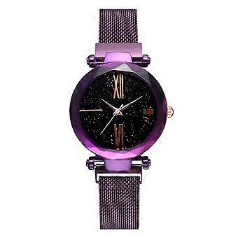 Fashion Alloy Mesh Belt Strap Quartz Watch Starry Sky Dial Pattern Female Watch (Purple)