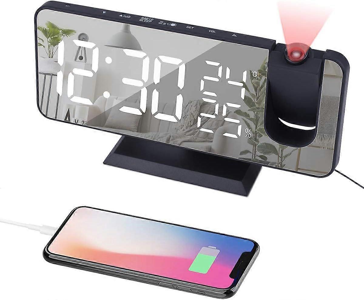 Digital Alarm Clock Projector Radio Clock LED TemperatureDisplay Radio Projection Clock  Rotable Projection Time-Black