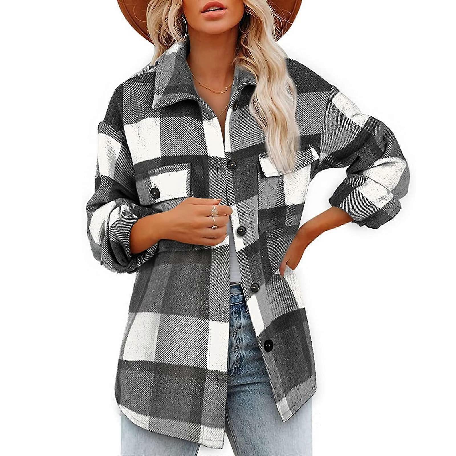 Womens Plaid Shacket Button Down Long Sleeve Shirt V Neck Flannel Jacket Color Block Casual Fall Wear