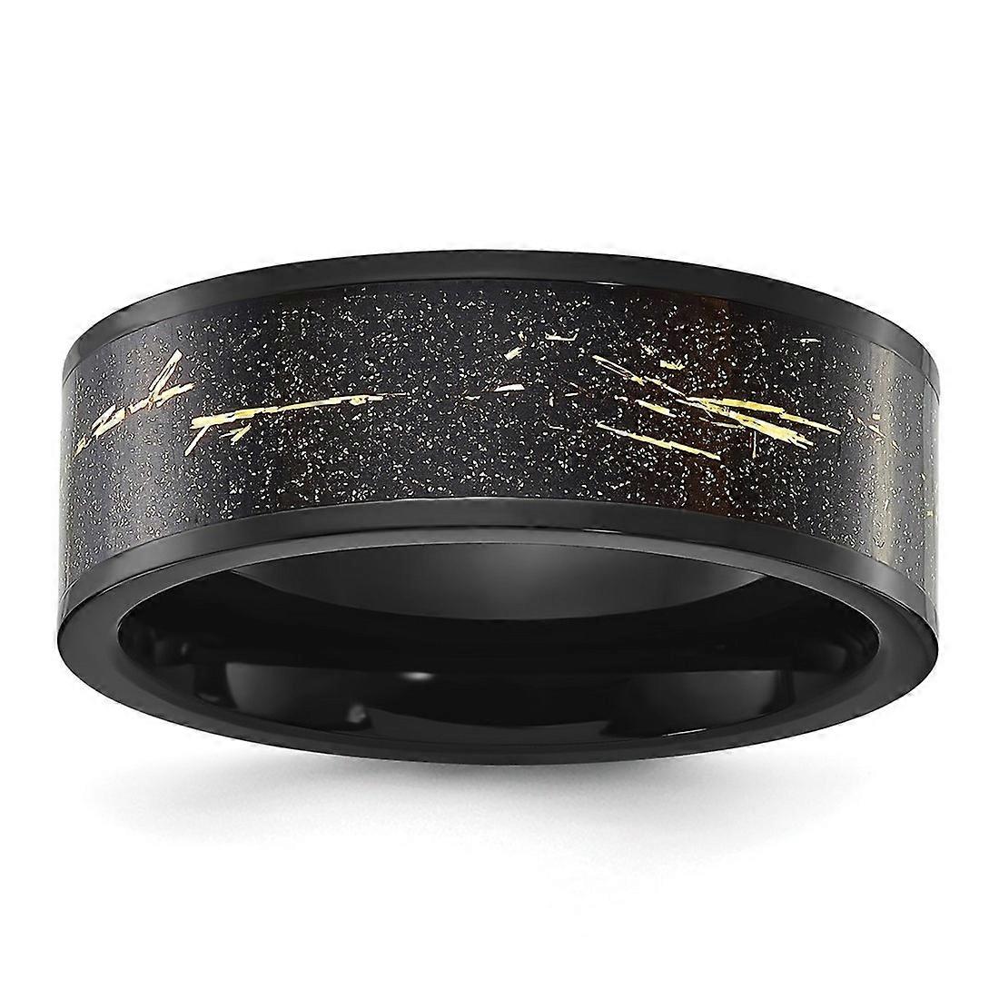 Bague en acier inoxydable poli noir plaqué IP avec incrustations de feuille d'or noir de 8 mm pour femmes et hommes - Tailles de bague : 7 à 14
