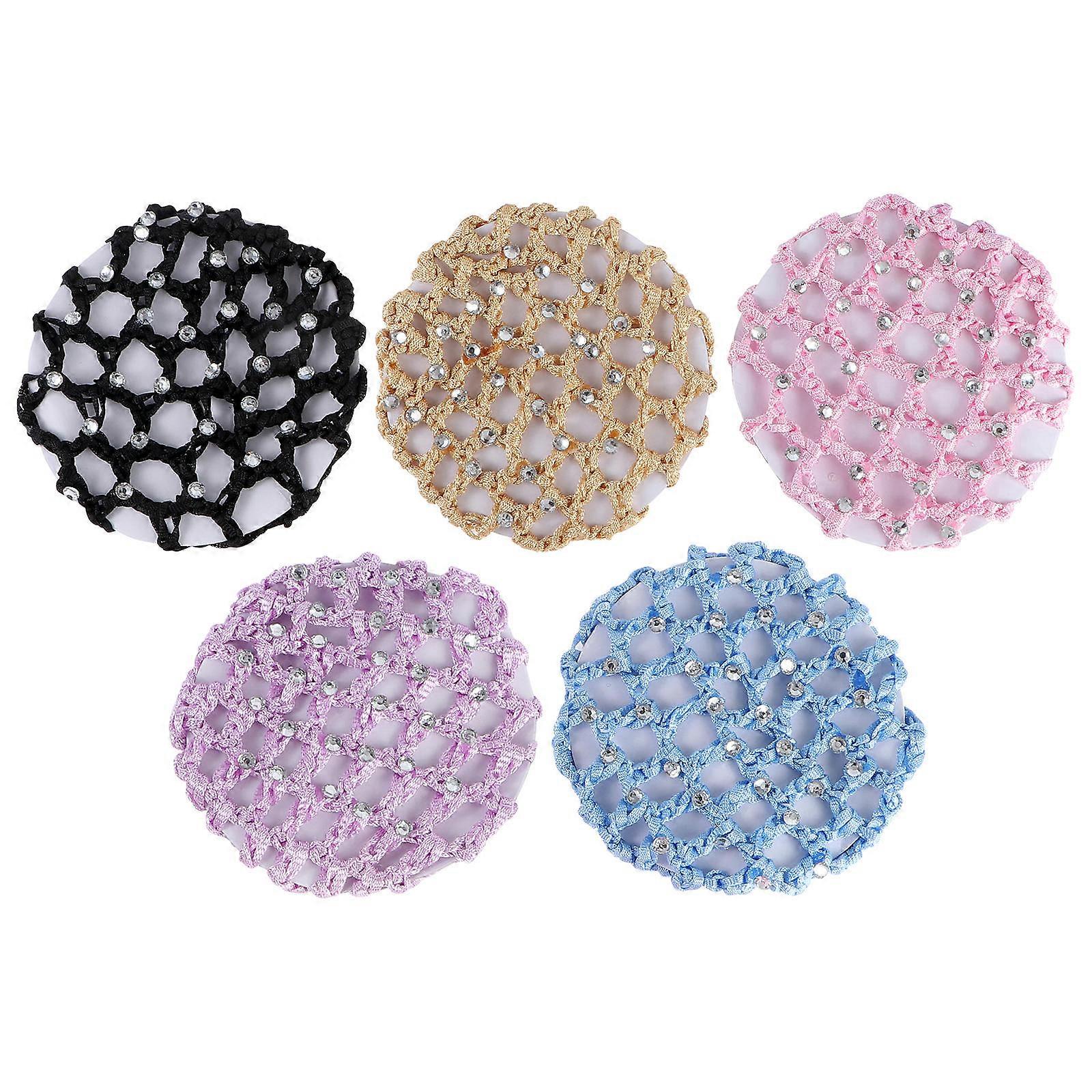 5pcs Elastic Crochet Hair Snood Handmade Hair Net for Dance, Gymnastics – Includes Maize Yellow, Light Purple, Blue
