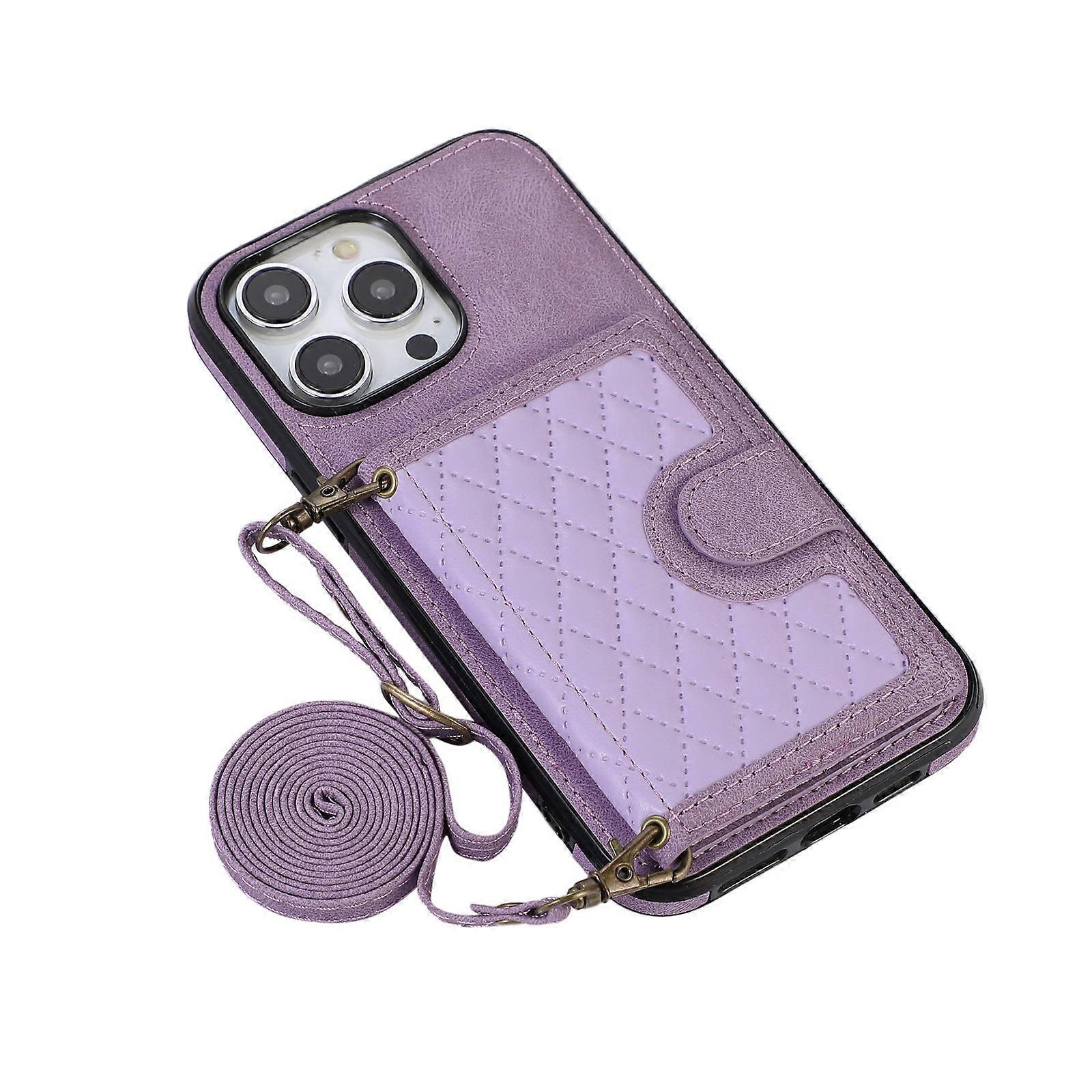 Case For Iphone 14 Pro Max Taro Purple Strap Lanyard Diamond Crossbody Card Holder Wallet Shoulder