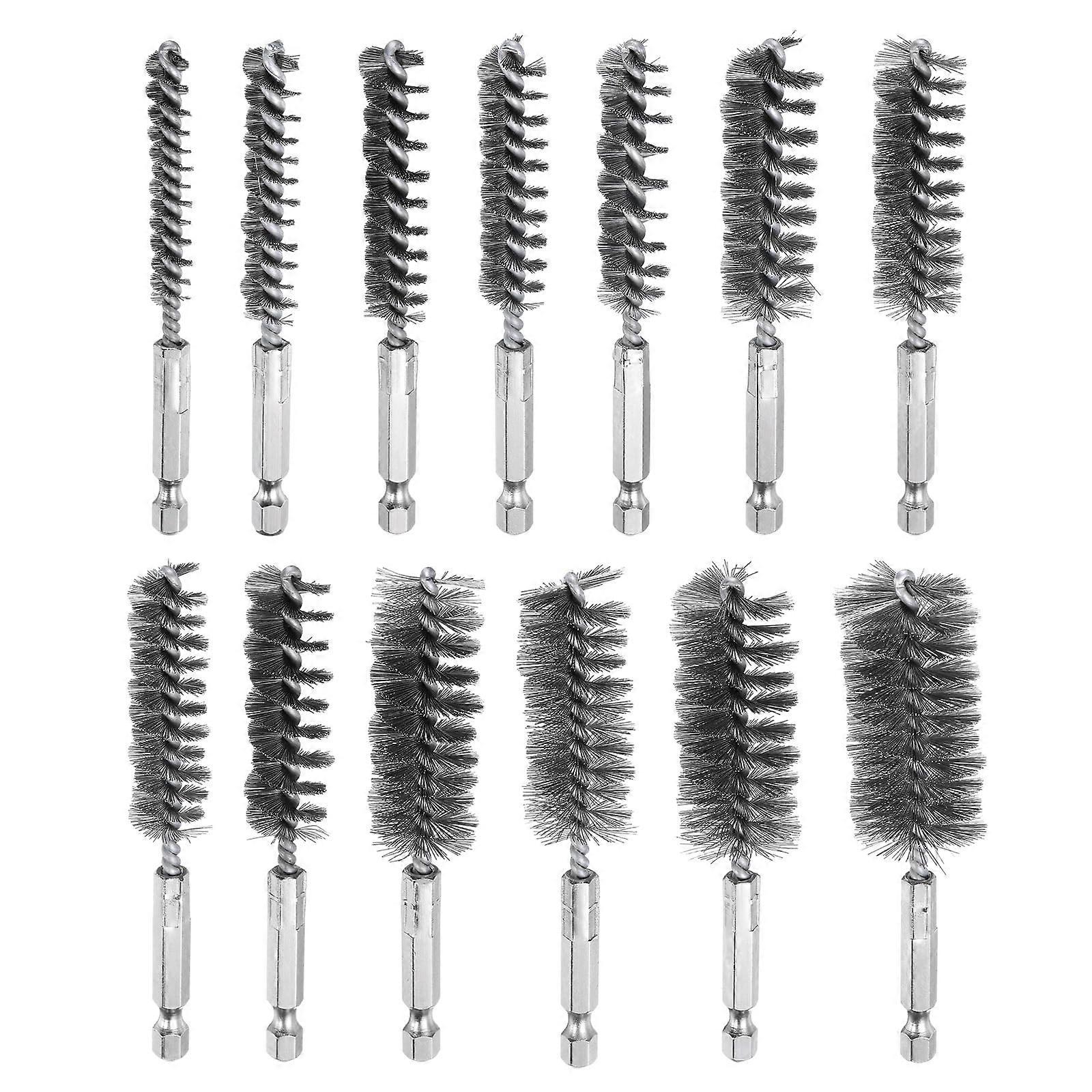 14-Piece Drill Brush Set, Various Bristle Lengths, Stainless Steel, Twisted Wire Cleaning Brushes with 6.35mm Hex Shank for Pipes