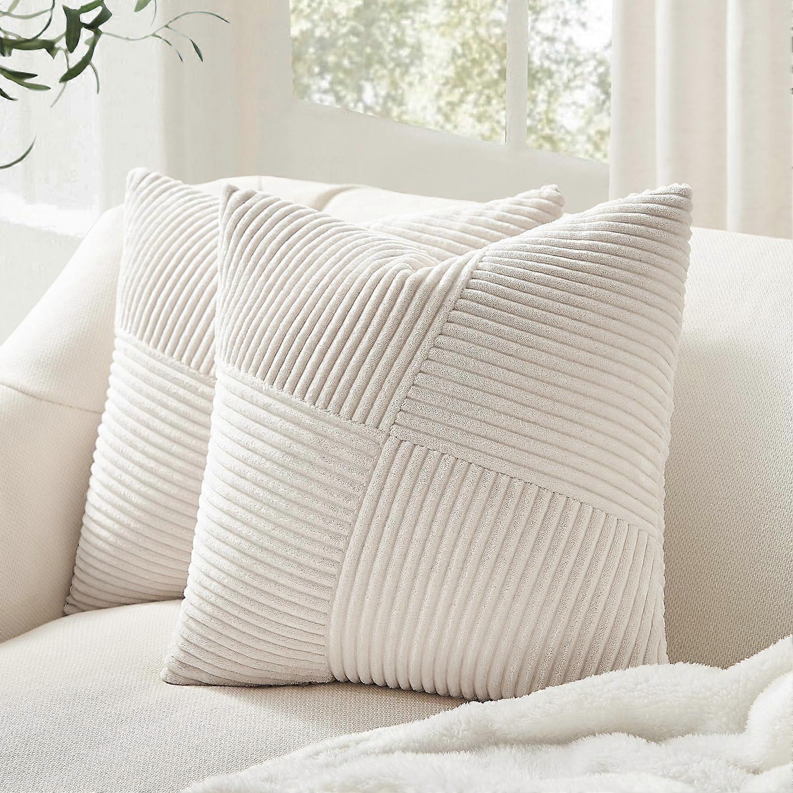 Cushion Cover 40 X 40 Cm Cream Corduroy Set Of 2 Windmill Striped Pattern Patchwork Design Sofa Cushion Decorative Cushion