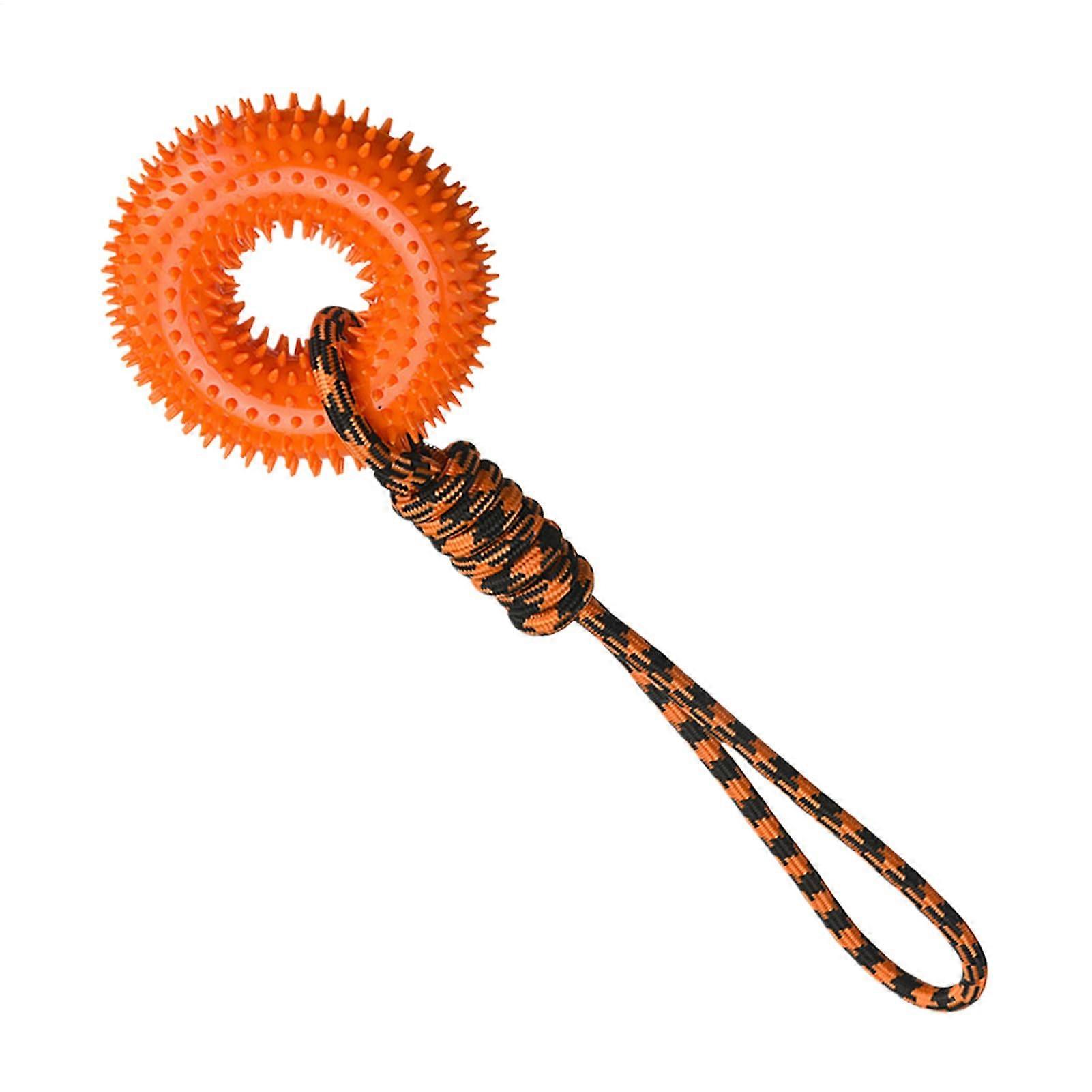 Dog Toy, Squeaky Spiky Ring for Aggressive Chewers, Indestructible Puppy Toy with Rope, Orange, Teething Relief, Mental Stimulation