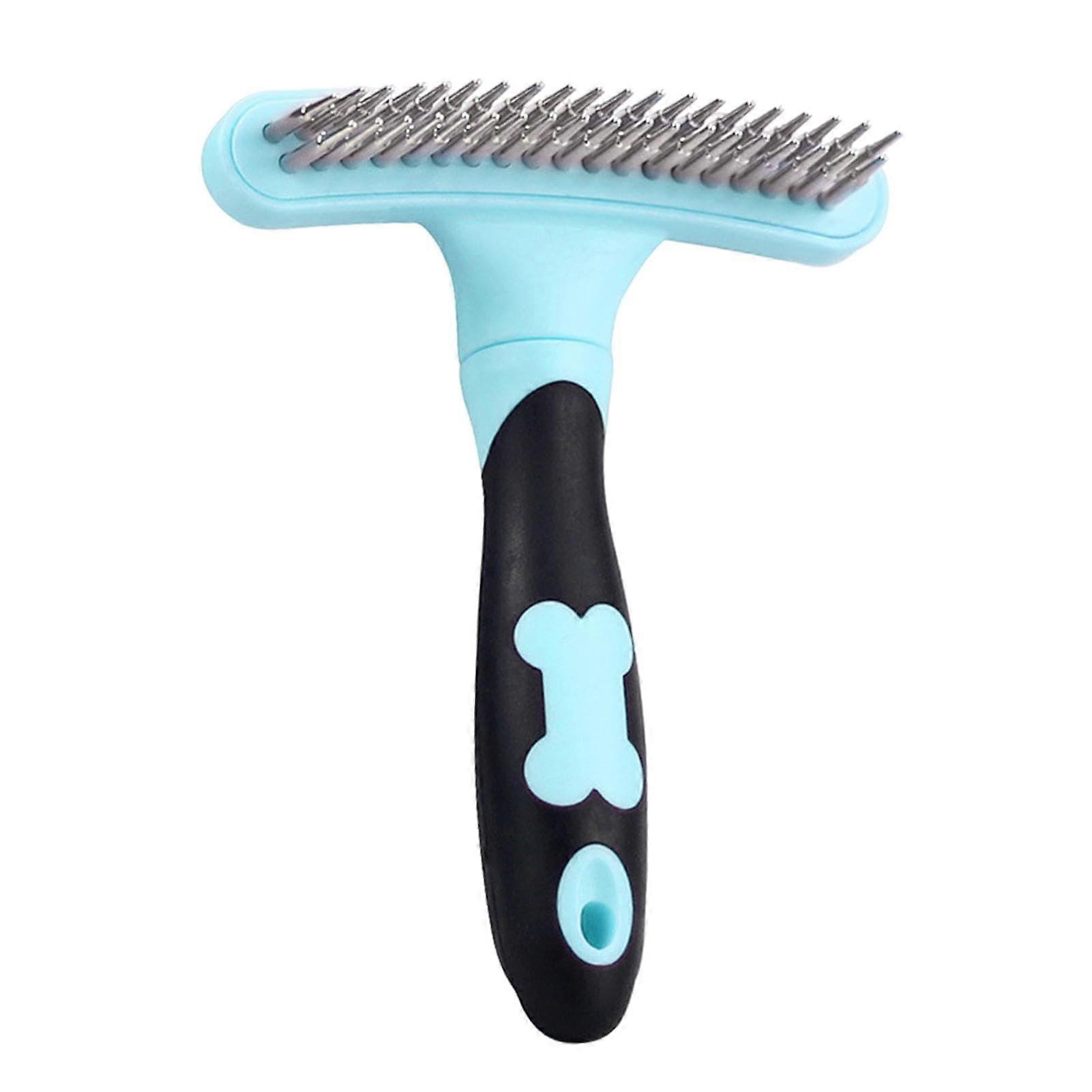 Pet Grooming Rake Double-Row Pins Extra Wide Undercoat Comb Non-Slip Handle Blue Hair Removal Tool for Cats
