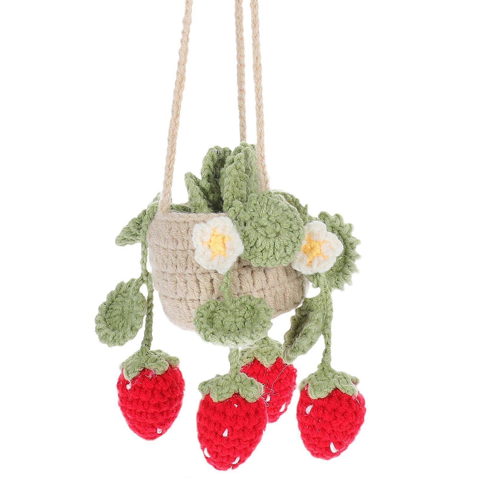 Car Rearview Mirror Decoration Crochet Strawberry Pendant Handmade Crochet Ornament Car Interior Accessory Woolen Yarn 2.4×2.4×1.6in 1 Set