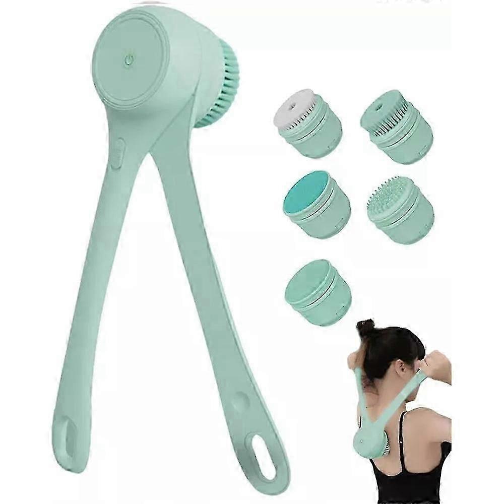 Long Handle Bath Brush with 5 Brush Heads - Powerful Scrubbing, Exfoliating, and Massaging Tool for Bathing, Face Cleansing