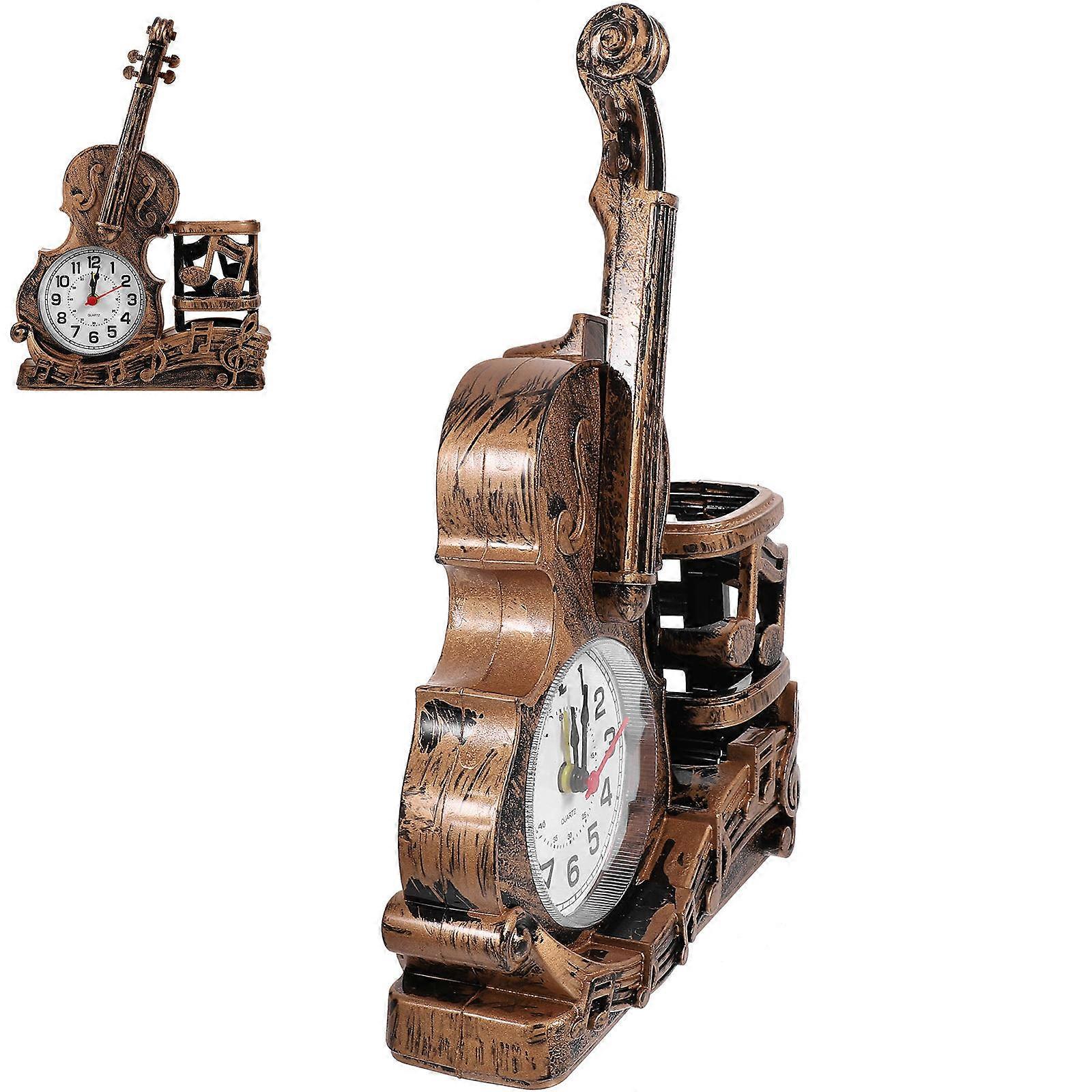 Tabletop Violin Clock Tiny Violin for Office Golden 22x15cm Timekeeping Pen Holder 1Pack