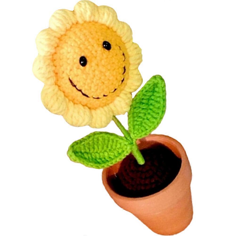 Crochet Sunflower Pot Ornament, Handmade Woven Flower Decor for Home Office Desktop, Compact Design with Stable Base for Unique Photo Props