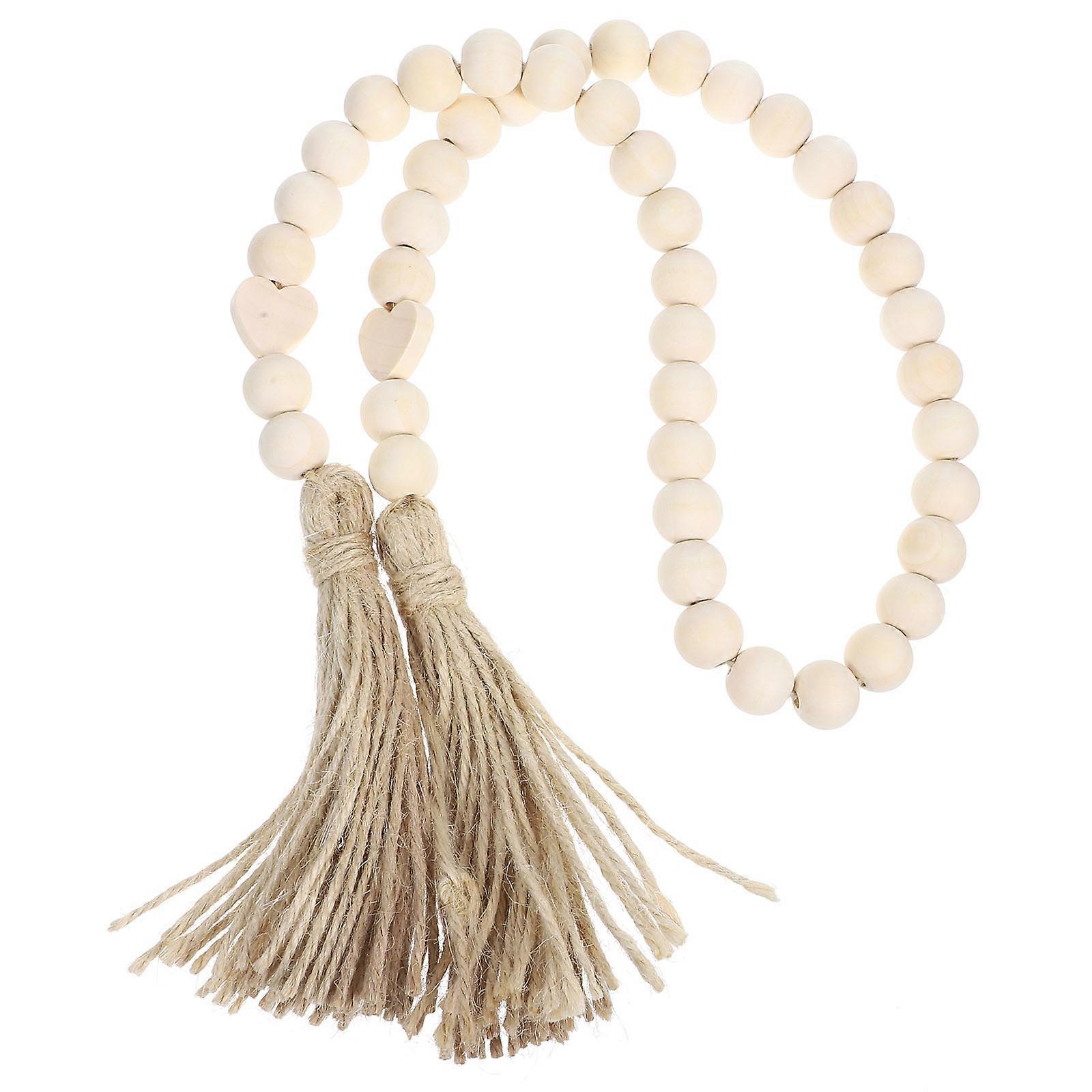 Ivory Wood Bead Garland with Tassel Decor for Home Elegant Wall Hanging Synthic Material 70 Characters