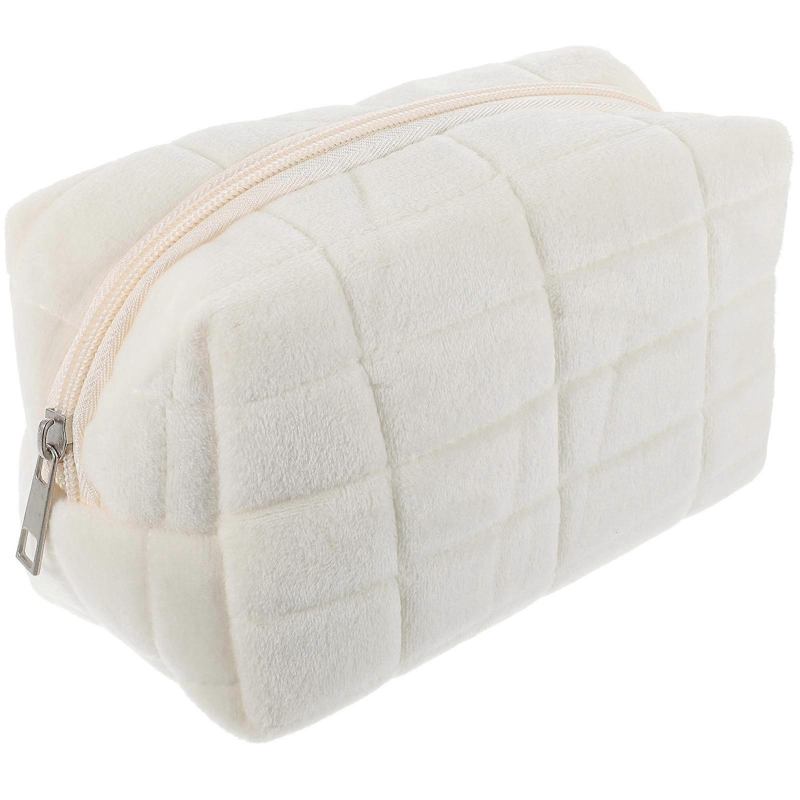 Durable Large Capacity Cosmetic Bag for Storage Use with Smooth Zipper White Short Plush 7.5x4.5x10.5 inches