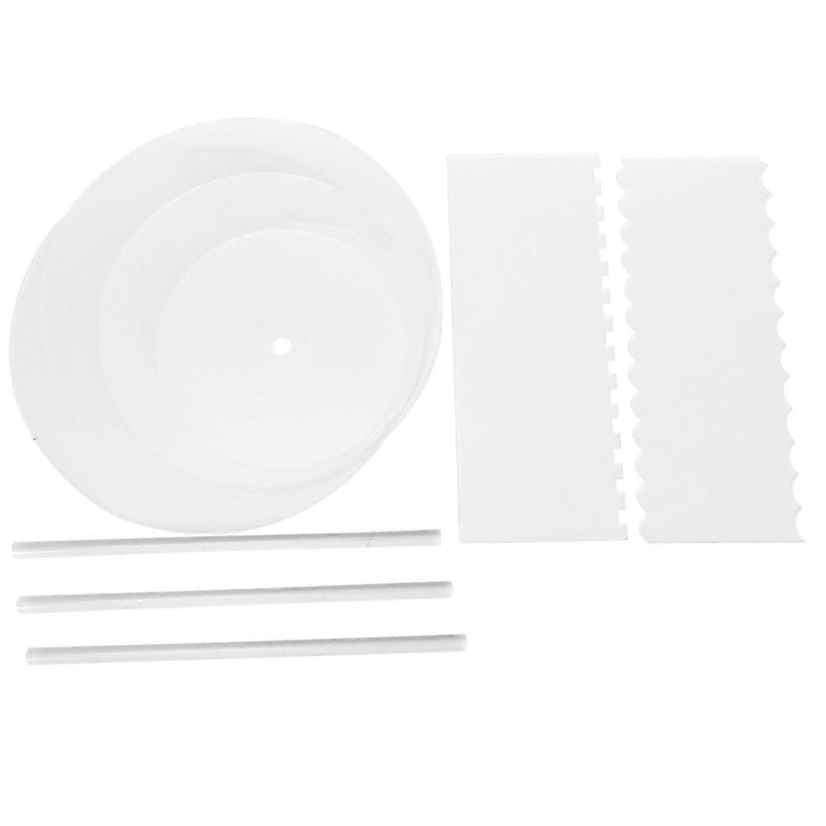 Acrylic Round Cake Disk Set - Cake Discs Base Boards With Hole - 2 Comb Scrapers (4 Patterns) & Dow