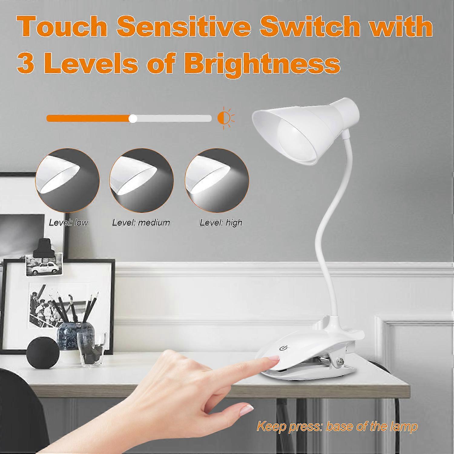 LED Clip Reading Light, USB Rechargeable, 3-Level Brightness, White