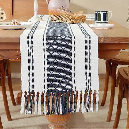 Bohemian Cotton and Linen Table Runner with Tassels - 35x228cm Diamond Shaped,