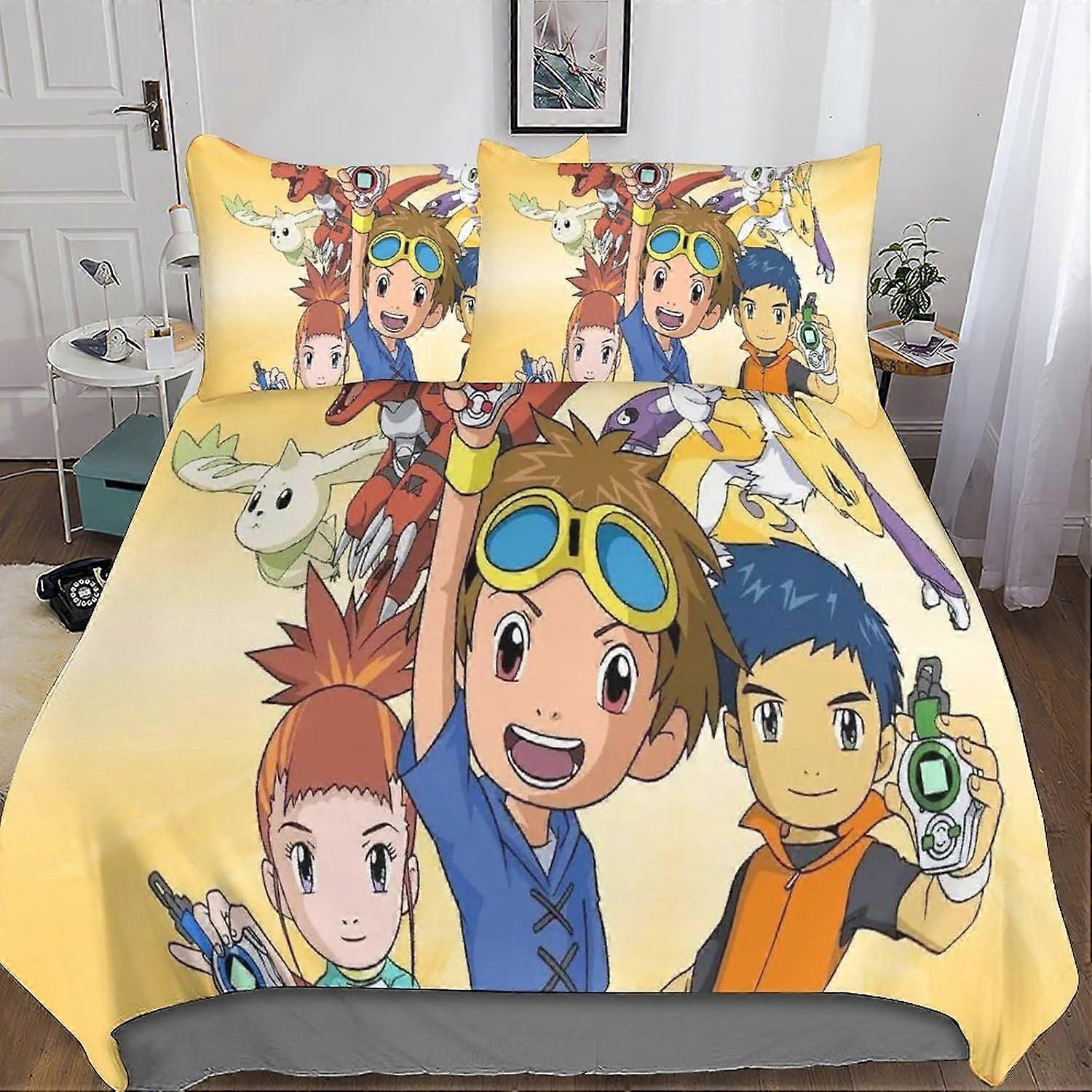 A598 Digimon Bedding Set, housse de couette 3D avec taies d’oreiller, pour microfibre douce Digital Monsters Housse de couette avec fermeture à glissière 3 pièces ensemble Double B598
