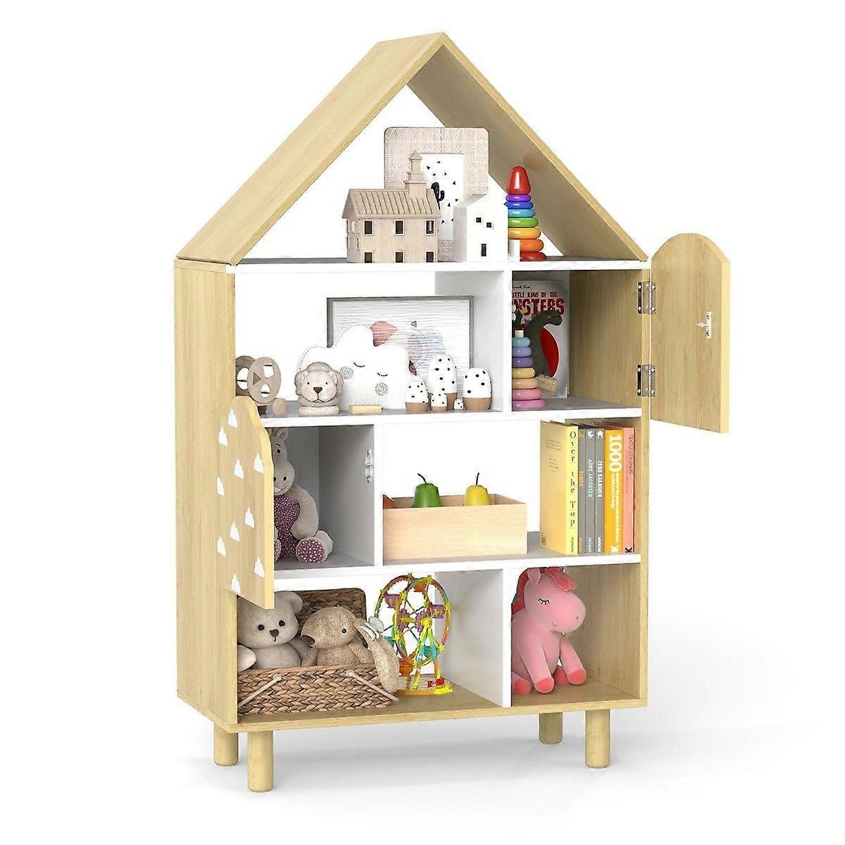Children's bookcase with 2 doors, solid wood legs, 5 shelves