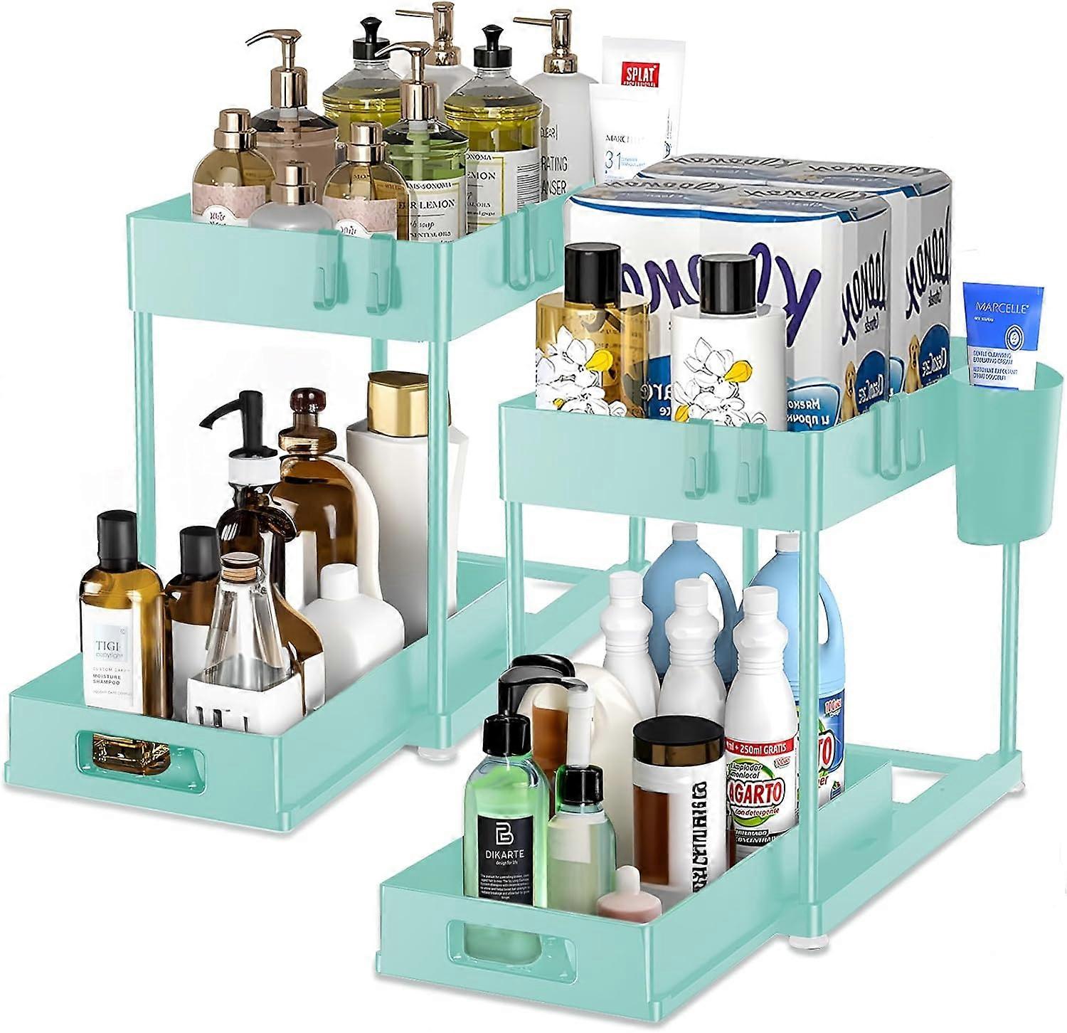 2 Pack Pull Out Under Sink Organizer, 2-Tier Sliding Shelf with Hooks & Cup, Blue, compatible with standard cabinets