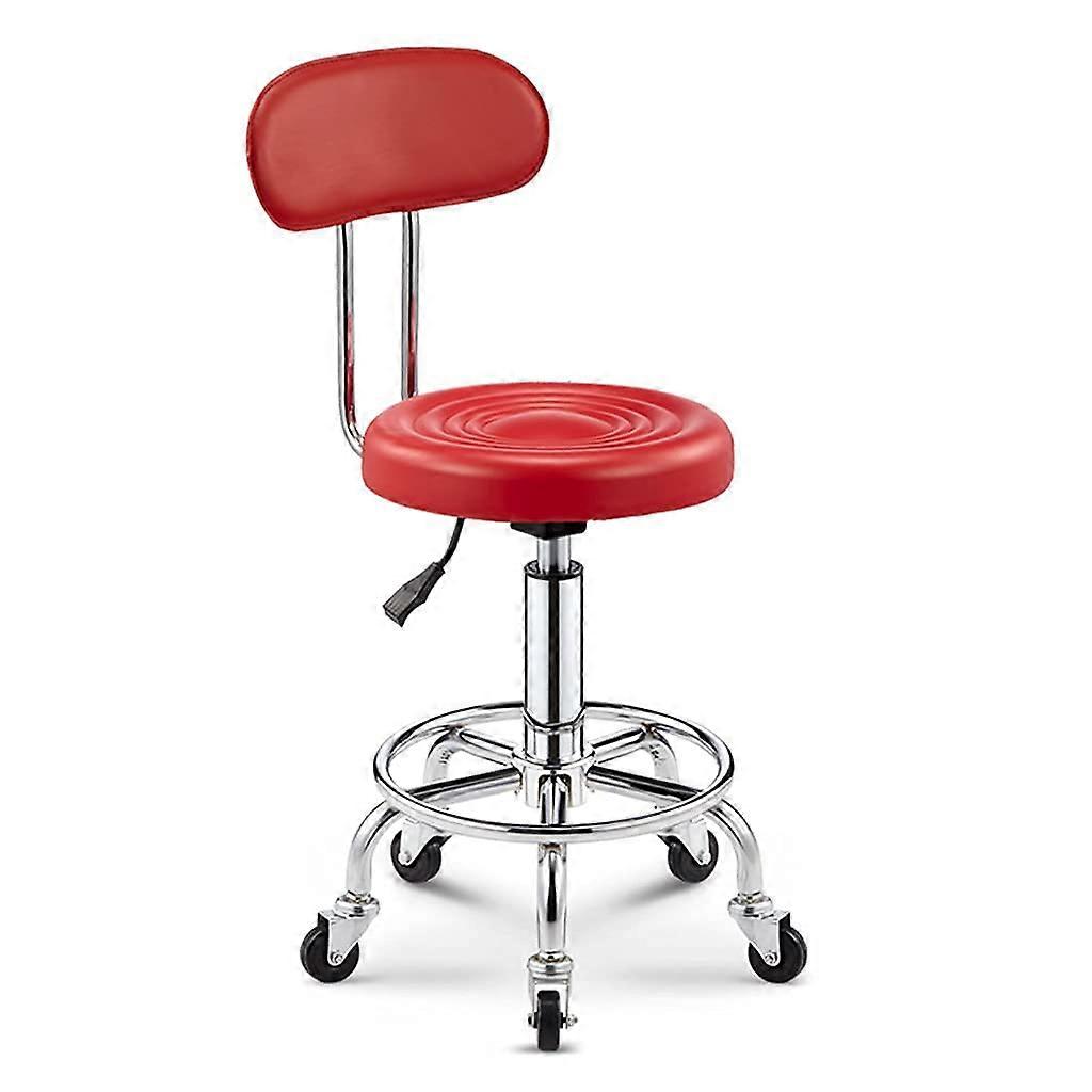Leather Modern Rolling Stool Low Back Height Adjustable Swivel Drafting Chair With Footrest For Spa Tattoo Office Red