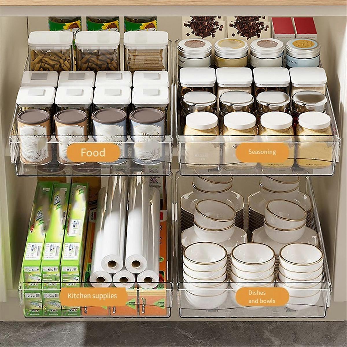 Retractable Drawer Transparent Sliding Rail Rack Kitchen Storage Box Movable Drawer Storage Basket S