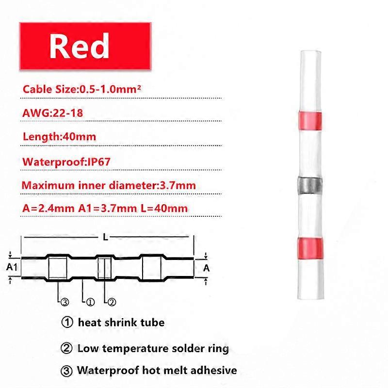 10-1000pcs Waterproof Solder Seal Wire Connectors AWG18-22 Red Heat Shrink Insulated Electrical Wire Terminals Butt Splice