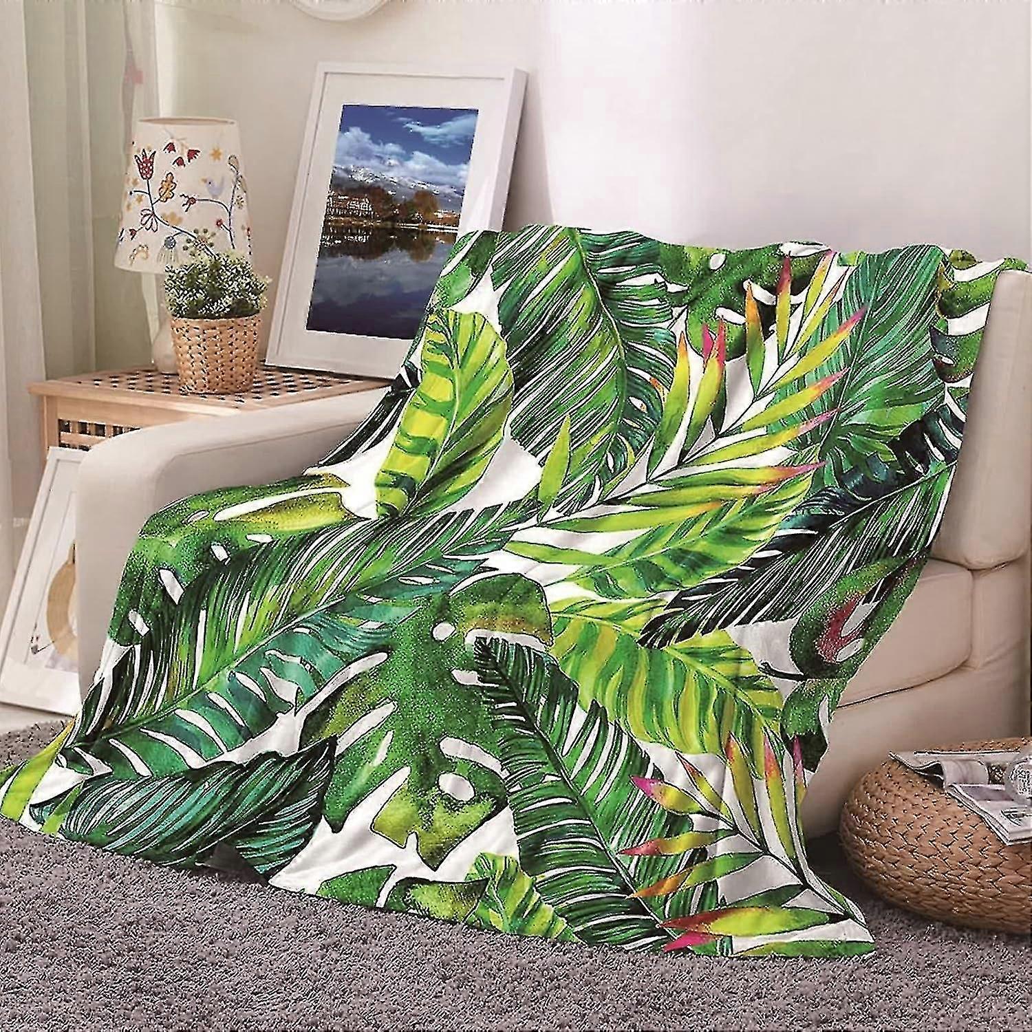 Tæppe Queen Size Flannel Tæpper Til Seng, Sofa Tæpper Tropiske Blade Mønster Grøn Gul 160x200cm Store Tæpper