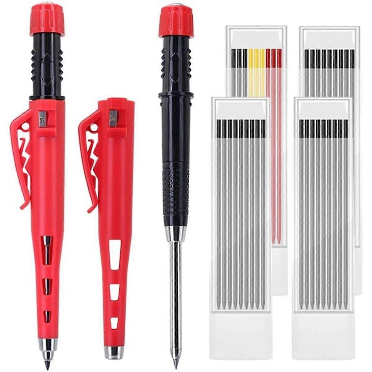 55mm Long Nib Carpenter Pencil Set - 2 Deep Hole Marking Pencils with 4 Boxes 36 Refill Leads, Work