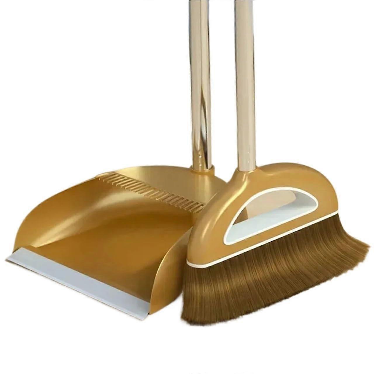 Broom and Dustpan Set with Long Handle and Rubber Lip for SpaceSaving Home Floor Cleaning (Gold, 2 Pack)