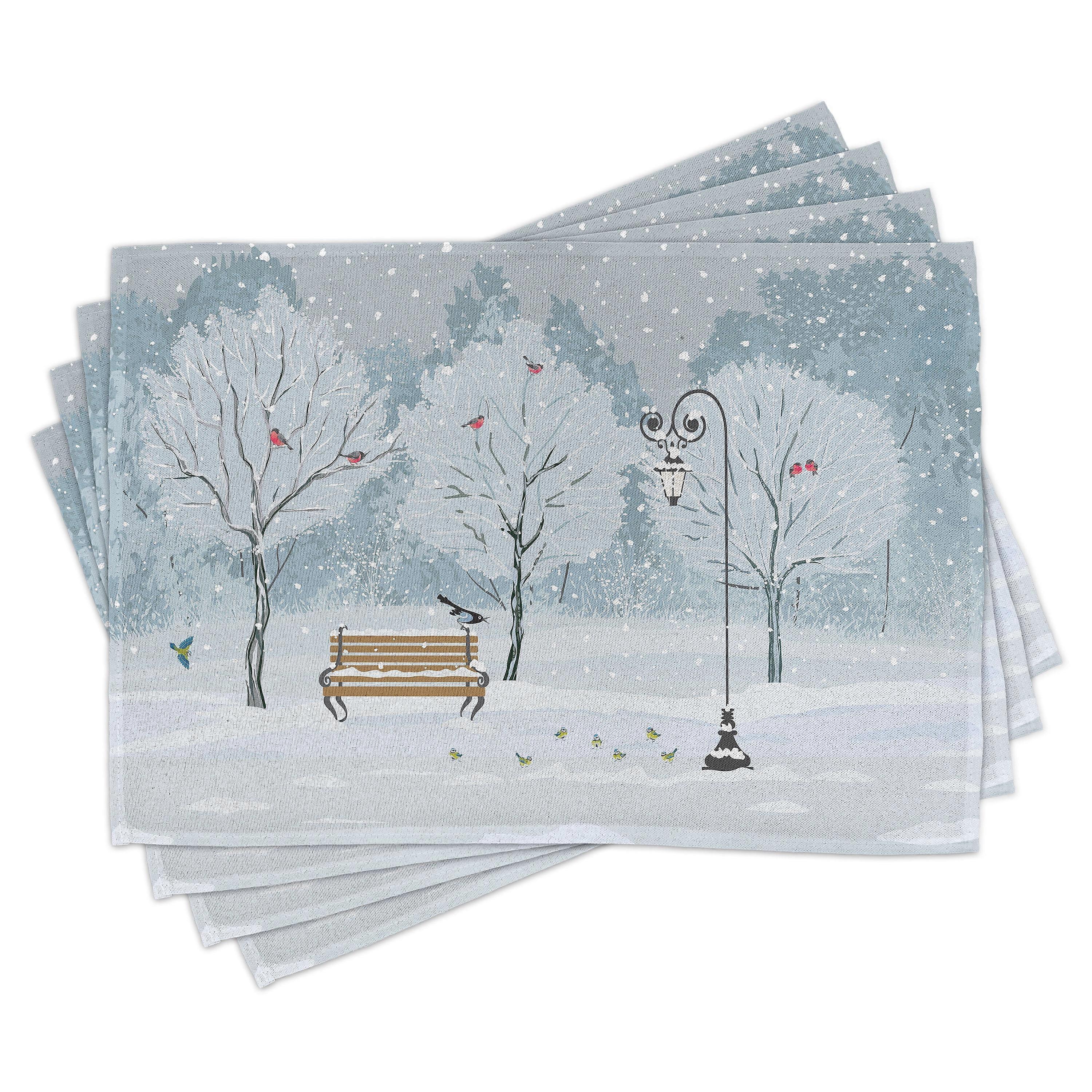 Ambesonne Winter Place Mats Set of 8, Snow in Park Xmas Trees, Placemat 8 pcs, White and Blue