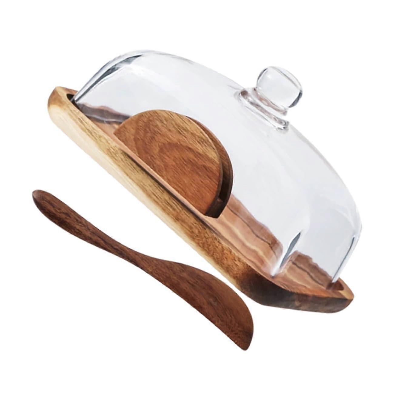 Glass and Wood Butter Dish with Elegant Bread Box for Kitchen Counter Storage