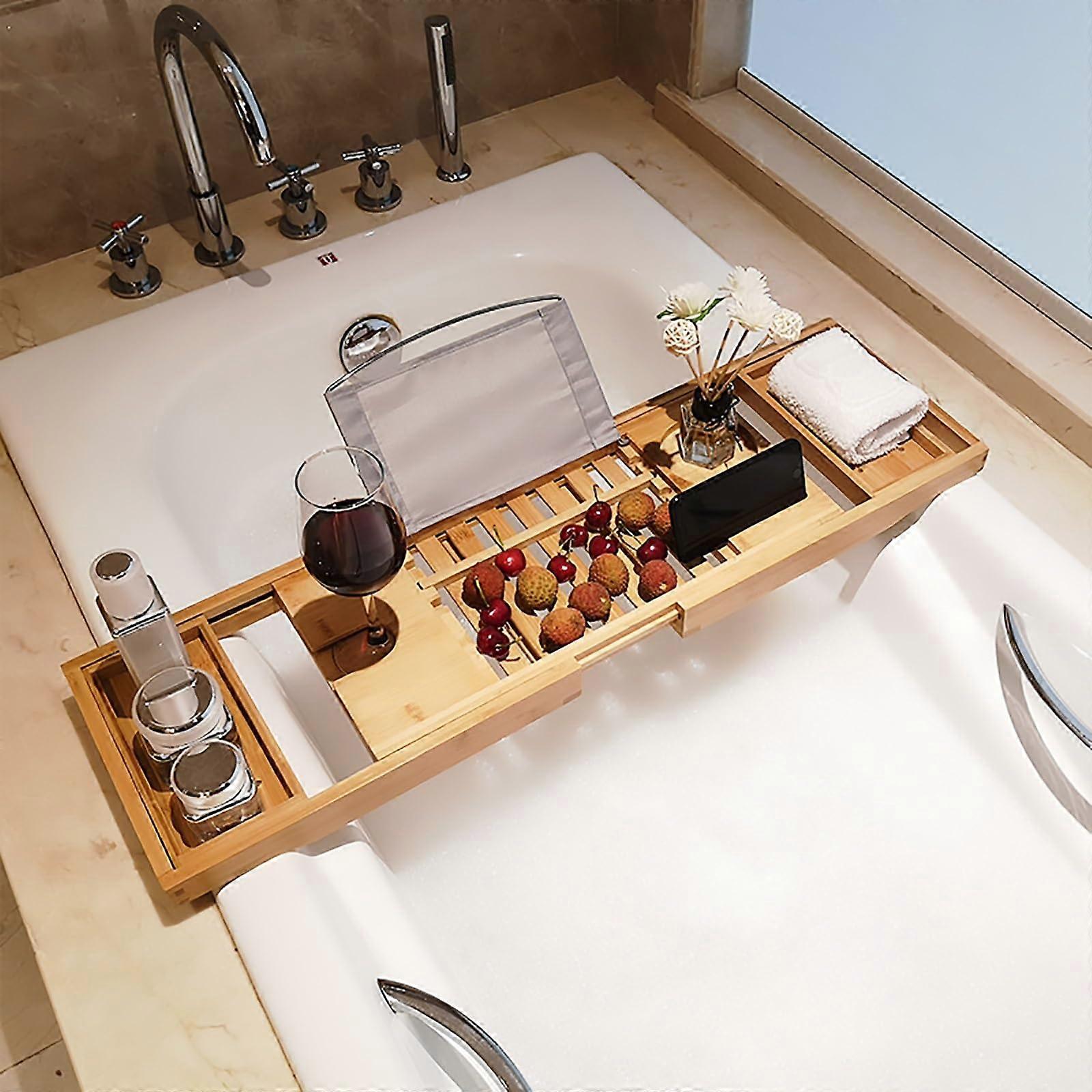 Adjustable Bamboo Bathtub Tray with Wine Glass Holder, Book and Tablet Stand, NonSlip Surface