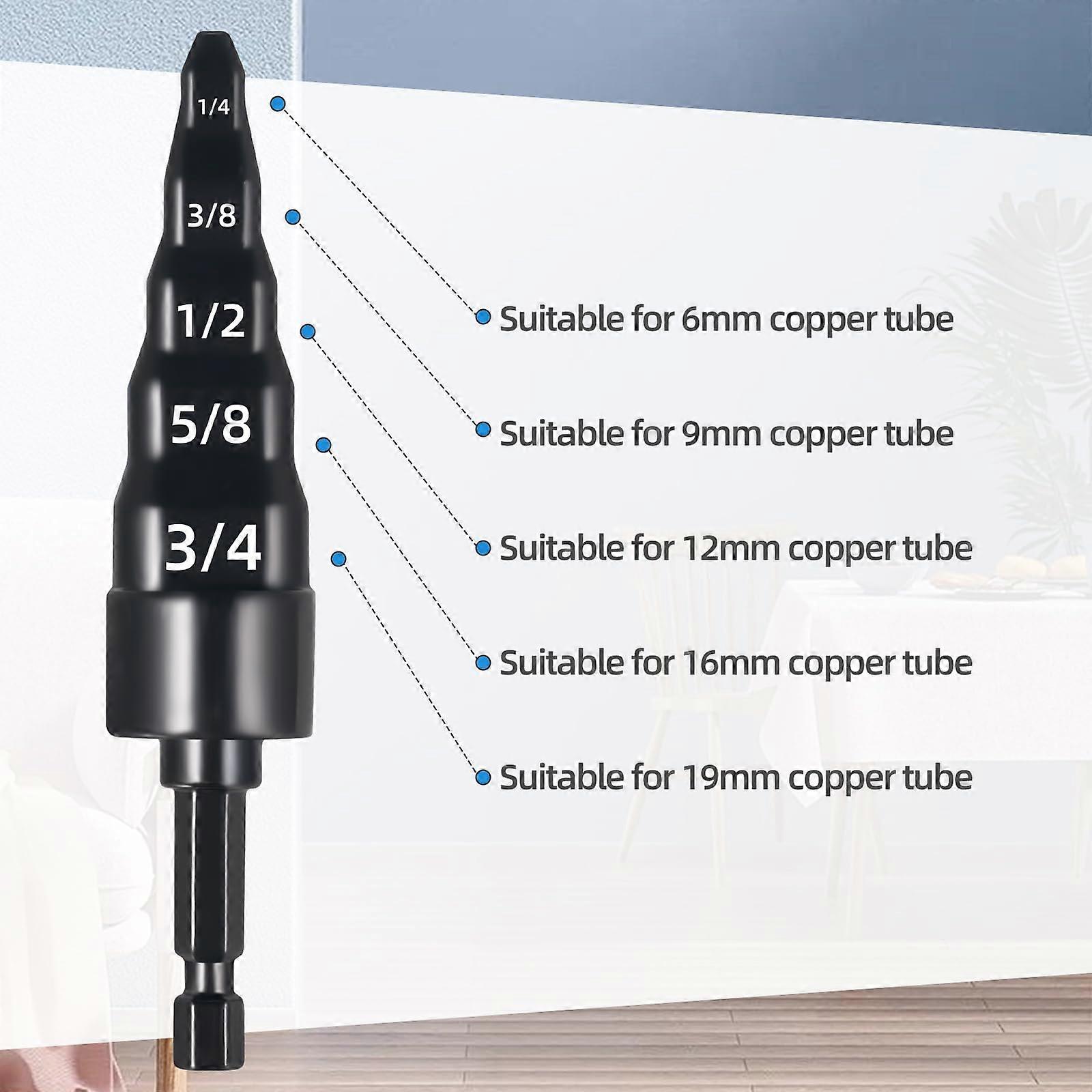 Swaging Tool 5 in 1 Air Conditioner Copper Pipe Expander Swaging Drill Bit Set with Hex Shank, with 1/4, 3/8, 1/2, 5/8, 3/4 Bits