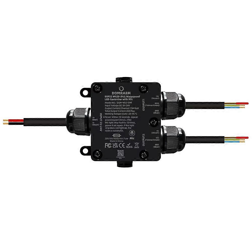 DOMRAEM ESP32 WLED Addressable 2CH LED Controller 20A Fuse Built-in Relay Mic WS281X SK6812 Music Sync IP65 Waterproof